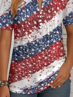 Hot Women's Patriotic T Shirt Ombre Graphic Flag Vintage Stylish Classic Short Sleeve Round Neck Regular Tops Daily Weekend Beach Wear Buttons Smocked Print Red Blue Women Independence Day Top