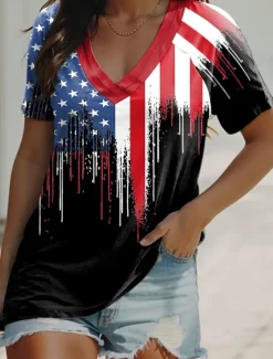 Best Women's Patriotic T Shirt Flag Casual Red White And Blue Short Sleeve V Neck Regular Tops Daily Print Black Blue Summer Women Independence Day Top