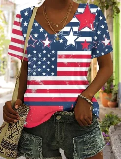 Outlet Women's Patriotic T Shirt Graphic Flag American Flag Vintage Fashion Hawaiian Short Sleeve V Neck Regular Tops Daily Going out Weekend Print Black Red Summer Spring Women Independence Day Top