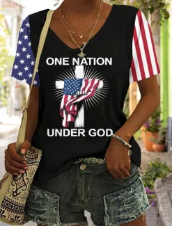 Outlet Women's Patriotic T Shirt Graphic Flag American Flag Vintage Fashion Hawaiian Short Sleeve V Neck Regular Tops Daily Going out Weekend Print Black Red Summer Spring Women Independence Day Top