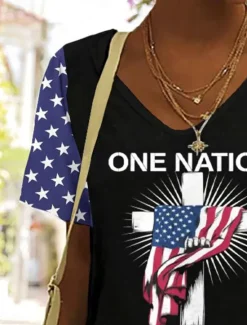 Outlet Women's Patriotic T Shirt Graphic Flag American Flag Vintage Fashion Hawaiian Short Sleeve V Neck Regular Tops Daily Going out Weekend Print Black Red Summer Spring Women Independence Day Top
