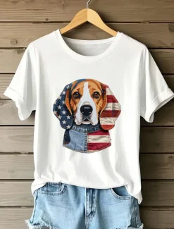 Clearance Women's Patriotic T Shirt Graphic Animal Flag Vintage Stylish Casual Short Sleeve Crew Neck Round Neck Regular Tops Daily Print Maroon Red Blue Summer Spring Women Independence Day Top