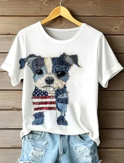 Clearance Women's Patriotic T Shirt Graphic Animal Flag Vintage Stylish Casual Short Sleeve Crew Neck Round Neck Regular Tops Daily Print Maroon Red Blue Summer Spring Women Independence Day Top
