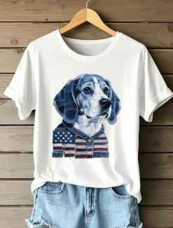 Clearance Women's Patriotic T Shirt Graphic Animal Flag Vintage Stylish Casual Short Sleeve Crew Neck Round Neck Regular Tops Daily Print Maroon Red Blue Summer Spring Women Independence Day Top