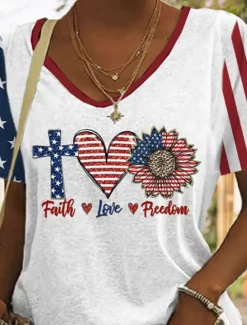 New Women's Patriotic T Shirt Graphic American Flag Vintage Stylish Classic Short Sleeve V Neck Regular Tops Daily Weekend Print Summer Women Independence Day Top