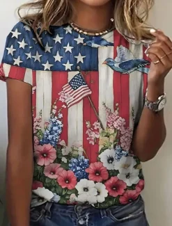 Women's Patriotic T Shirt Graphic Flag American Flag Vintage Stylish Classic Short Sleeve Crew Neck Regular Tops Daily Weekend Print Summer Women Independence Day Top