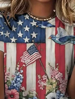 Women's Patriotic T Shirt Graphic Flag American Flag Vintage Stylish Classic Short Sleeve Crew Neck Regular Tops Daily Weekend Print Summer Women Independence Day Top