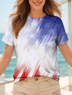 Online Women's Patriotic T Shirt Graphic Flag American Flag Vintage Stylish Classic Red White And Blue Short Sleeve Crew Neck Round Neck Tops Daily Print White Light Blue Women Independence Day Top