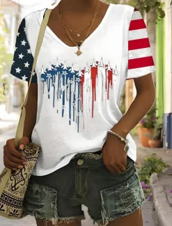 Outlet Women's Patriotic T Shirt Graphic American Flag Vintage Stylish Classic Short Sleeve V Neck Regular Tops Daily Weekend Print Black Summer Spring Women Independence Day Top
