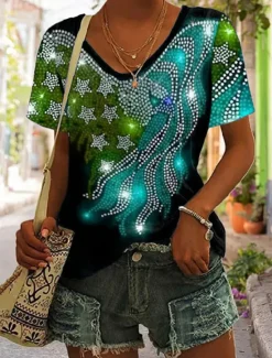 New Women's Patriotic T Shirt Graphic Flag Vintage Stylish Classic Short Sleeve V Neck Regular Tops Daily Print Black Purple Green Summer Spring Women Independence Day Top