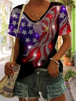 New Women's Patriotic T Shirt Graphic Flag Vintage Stylish Classic Short Sleeve V Neck Regular Tops Daily Print Black Purple Green Summer Spring Women Independence Day Top