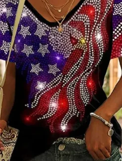 New Women's Patriotic T Shirt Graphic Flag Vintage Stylish Classic Short Sleeve V Neck Regular Tops Daily Print Black Purple Green Summer Spring Women Independence Day Top