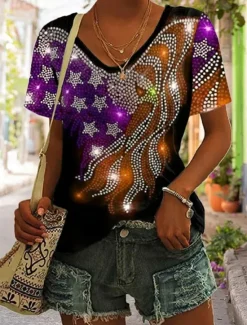 New Women's Patriotic T Shirt Graphic Flag Vintage Stylish Classic Short Sleeve V Neck Regular Tops Daily Print Black Purple Green Summer Spring Women Independence Day Top