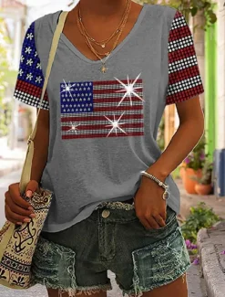 Discount Women's Patriotic T Shirt Graphic Flag Vintage Stylish Casual Short Sleeve V Neck Regular Tops Daily Print Black White Gray Summer Spring Women Independence Day Top