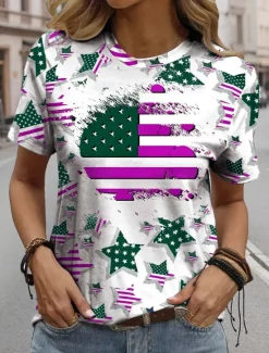 Outlet Women's Patriotic T Shirt Graphic Flag Flag Casual Red White And Blue Short Sleeve Round Neck Regular Tops Daily Print Red Summer Women Independence Day Top