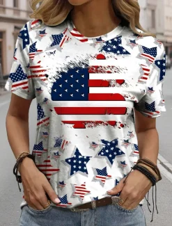 Outlet Women's Patriotic T Shirt Graphic Flag Flag Casual Red White And Blue Short Sleeve Round Neck Regular Tops Daily Print Red Summer Women Independence Day Top