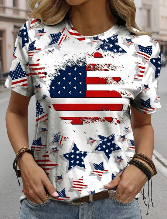 Outlet Women's Patriotic T Shirt Graphic Flag Flag Casual Red White And Blue Short Sleeve Round Neck Regular Tops Daily Print Red Summer Women Independence Day Top
