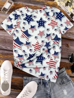 Outlet Women's Patriotic T Shirt Graphic Flag Flag Casual Red White And Blue Short Sleeve Round Neck Regular Tops Daily Print Red Summer Women Independence Day Top