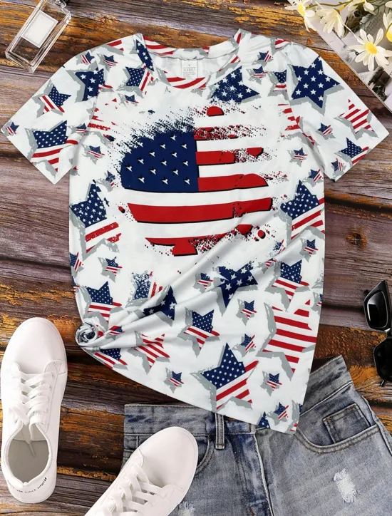 Outlet Women's Patriotic T Shirt Graphic Flag Flag Casual Red White And Blue Short Sleeve Round Neck Regular Tops Daily Print Red Summer Women Independence Day Top