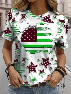 Outlet Women's Patriotic T Shirt Graphic Flag Flag Casual Red White And Blue Short Sleeve Round Neck Regular Tops Daily Print Red Summer Women Independence Day Top