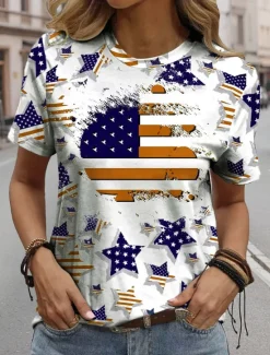 Outlet Women's Patriotic T Shirt Graphic Flag Flag Casual Red White And Blue Short Sleeve Round Neck Regular Tops Daily Print Red Summer Women Independence Day Top