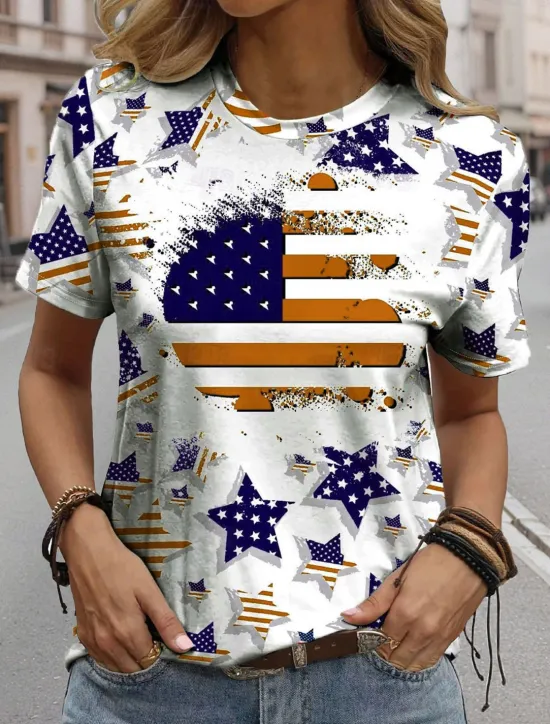 Outlet Women's Patriotic T Shirt Graphic Flag Flag Casual Red White And Blue Short Sleeve Round Neck Regular Tops Daily Print Red Summer Women Independence Day Top
