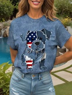 Online Women's Patriotic T Shirt Graphic Animal Flag Vintage Stylish Classic Short Sleeve Crew Neck Round Neck Regular Tops Daily Weekend Print Yellow Red Blue Purple Green Women Independence Day Top