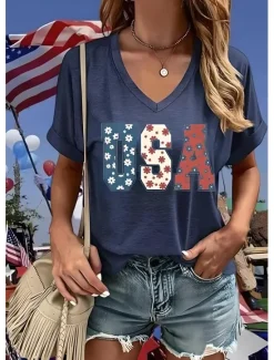 Women's Patriotic T Shirt Graphic Animal American Flag Vintage Stylish Classic Short Sleeve V Neck Regular Tops Daily Weekend Print Red Blue Summer Spring Women Independence Day Top