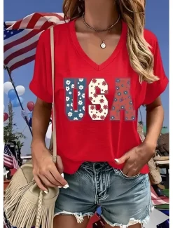 Women's Patriotic T Shirt Graphic Animal American Flag Vintage Stylish Classic Short Sleeve V Neck Regular Tops Daily Weekend Print Red Blue Summer Spring Women Independence Day Top