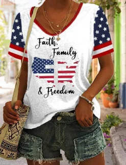 New Women's Patriotic T Shirt Graphic Flag Vintage Stylish Classic Short Sleeve V Neck Regular Tops Daily Print Black White Red Navy Blue Summer Spring Women Independence Day Top