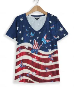 Best Women's Patriotic T Shirt American Flag Stylish Casual Red White And Red White And Short Sleeve V Neck Regular Tops Print Summer Women T-Shirts|Independence Day Top