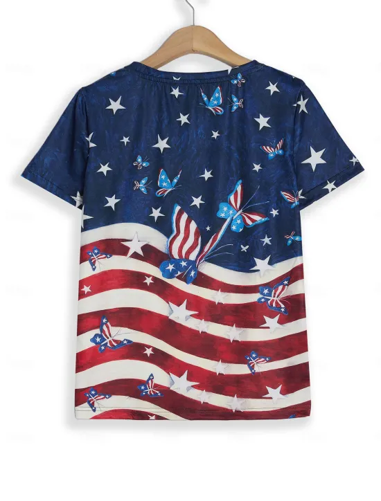 Best Women's Patriotic T Shirt American Flag Stylish Casual Red White And Red White And Short Sleeve V Neck Regular Tops Print Summer Women T-Shirts|Independence Day Top