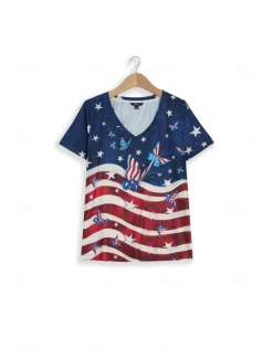 Best Women's Patriotic T Shirt American Flag Stylish Casual Red White And Red White And Short Sleeve V Neck Regular Tops Print Summer Women T-Shirts|Independence Day Top
