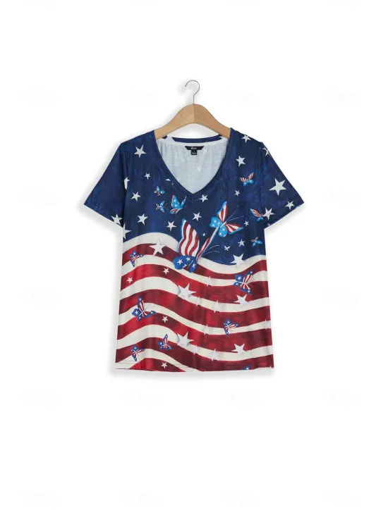Best Women's Patriotic T Shirt American Flag Stylish Casual Red White And Red White And Short Sleeve V Neck Regular Tops Print Summer Women T-Shirts|Independence Day Top