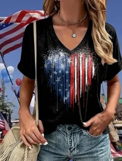 Online Women's Patriotic T Shirt Heart Graphic American Flag Vintage Stylish Classic Short Sleeve V Neck Regular Tops Daily Weekend Print Summer Spring Women Independence Day Top
