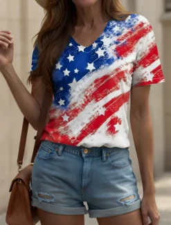 Hot Women's Patriotic T Shirt Graphic American Flag Vintage Stylish Classic White And Blue Short Sleeve V Neck Regular Tops Daily Weekend Print Summer Spring Women Independence Day Top
