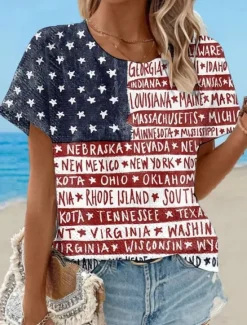 Sale Women's Patriotic T Shirt Graphic Flag Vintage Stylish Classic Short Sleeve Crew Neck Round Neck Regular Tops Daily Weekend Print White Red Dusty Blue Light Blue Women Independence Day Top