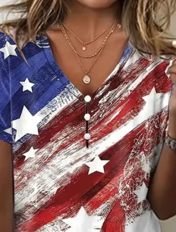 Discount Women's Patriotic T Shirt Graphic American Flag Vintage Stylish Classic Short Sleeve V Neck Regular Tops Daily Weekend Print Summer Women Independence Day Top
