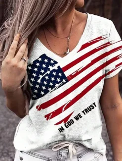 Hot Women's Patriotic T Shirt Casual American Flag Red And Blue Short Sleeve Regular Tops V Neck Daily Summer Women Independence Day Top