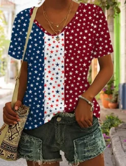 Sale Women's Patriotic T Shirt Graphic Geometric Star Vintage Stylish Classic Short Sleeve V Neck Regular Tops Daily Weekend Print Black White Yellow Red Blue Summer Spring Women Independence Day Top