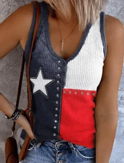 Hot Women's Patriotic Tank Top Flag Rock Beach Sleeveless Sleeveless V Neck Regular Tops Daily Club Uniforms Going out Wine Blue Dusty Blue Summer Spring Women Independence Day Top