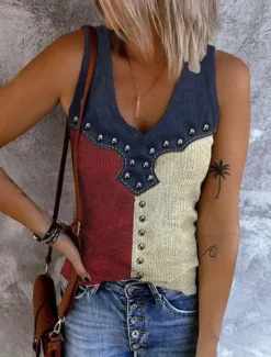 Hot Women's Patriotic Tank Top Flag Rock Beach Sleeveless Sleeveless V Neck Regular Tops Daily Club Uniforms Going out Wine Blue Dusty Blue Summer Spring Women Independence Day Top
