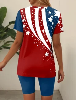 Online Women's Patriotic Vintage Stylish Two Piece Sets T Shirt Shorts Sets Short Sleeve V Neck Graphic Print Daily Weekend Black Red Blue Summer Regular Fit Women Independence Day Top|Two Piece Sets