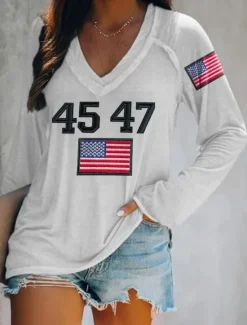 Discount Women's Patriotic Shirt Flag Stylish Casual Long Sleeve V Neck Regular Tops Daily Print White Red Blue Green Spring Prefall Women Independence Day Top