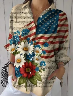 New Women's Patriotic Shirt Graphic Flag Vintage Tropical Stylish Regular Tops Work Daily s Print Maroon Black White Yellow Blue Fall Women Independence Day Top