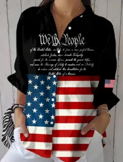 New Women's Patriotic Shirt Graphic Flag Vintage Tropical Stylish Regular Tops Work Daily s Print Maroon Black White Yellow Blue Fall Women Independence Day Top