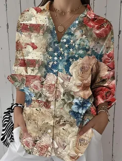 Best Women's Patriotic Shirt Graphic Flag Vintage Tropical Stylish Regular Tops Work Daily s Print Yellow Red Navy Blue Spring Fall Women Independence Day Top