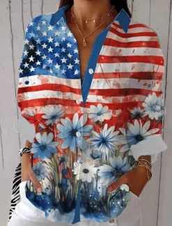 Best Women's Patriotic Shirt Graphic Flag Vintage Tropical Stylish Regular Tops Work Daily s Print Yellow Red Navy Blue Spring Fall Women Independence Day Top