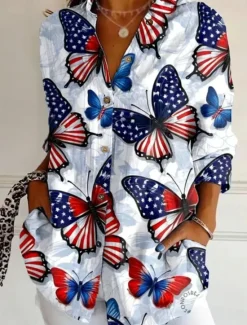 Clearance Women's Patriotic Shirt Graphic Flag Vintage Tropical Stylish Regular Tops Work Daily s Print Black White Red Light Blue Fall Women Blouses & Shirts|Independence Day Top