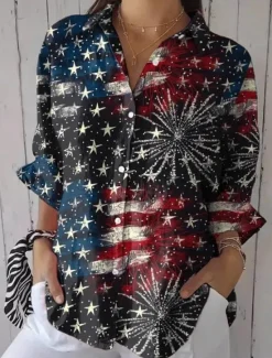 Clearance Women's Patriotic Shirt Graphic Flag USA Vintage Daily Stylish Regular Tops Work Daily s Print White Blue Khaki Spring Women Independence Day Top